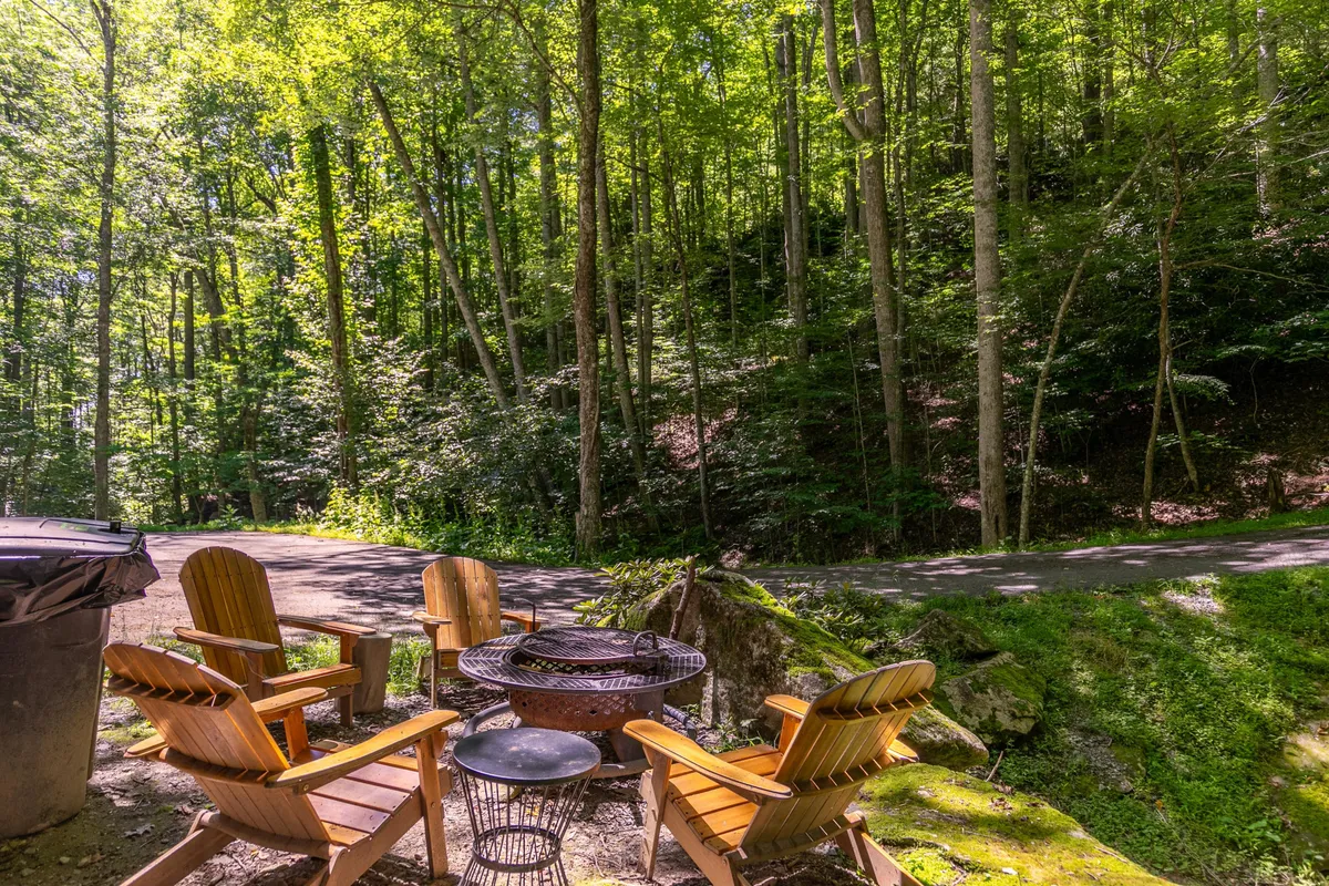 This exterior image shows a cozy fire pit area surrounded by lush greenery, with wooden chairs arranged for relaxation and gathering. The setting is natural and inviting, emphasizing the outdoor experience and offering ample space for both people and pets to unwind or play.
